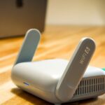 木目デスクに置かれたWiFi6ルーター