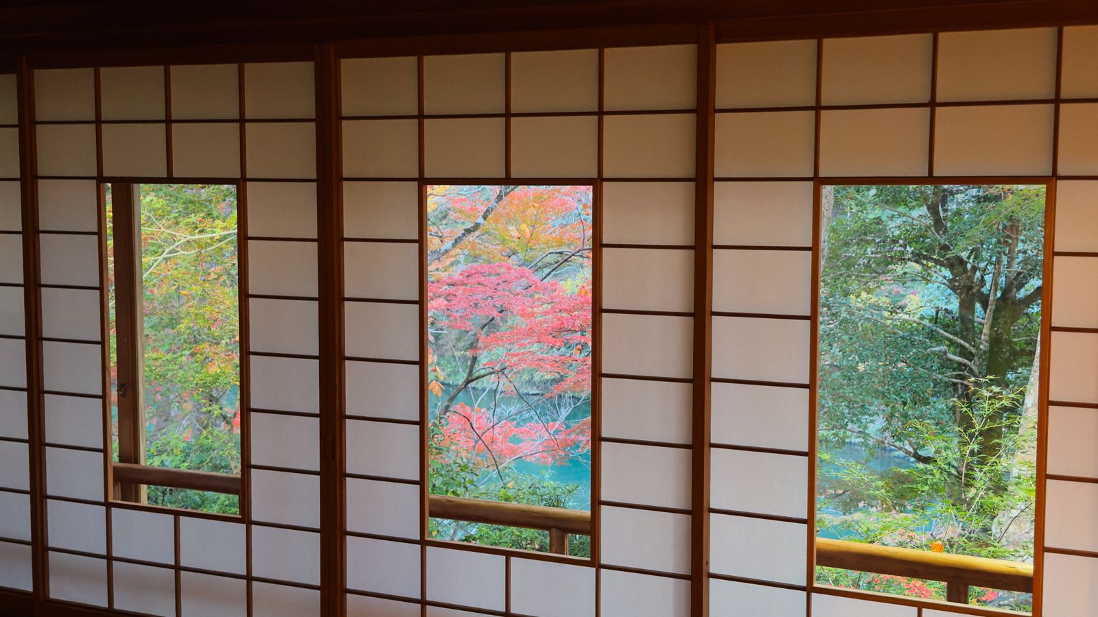 障子越しに紅葉が見える和室