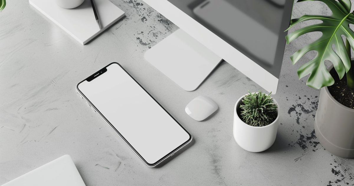 デスクに置いたスマートフォンと小物